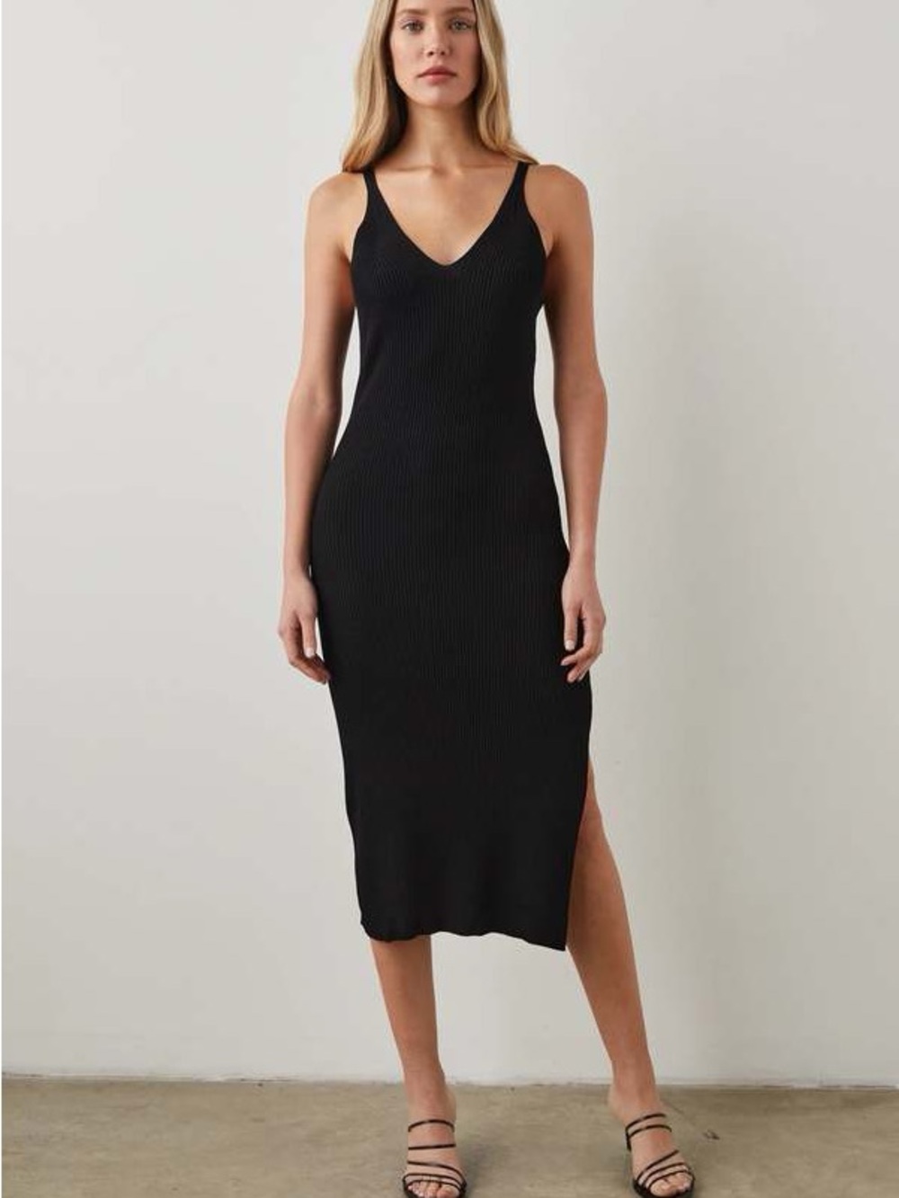 Rails Shelby Ribbed Knit Midi Dress Black XXS V-Neck Side Slit